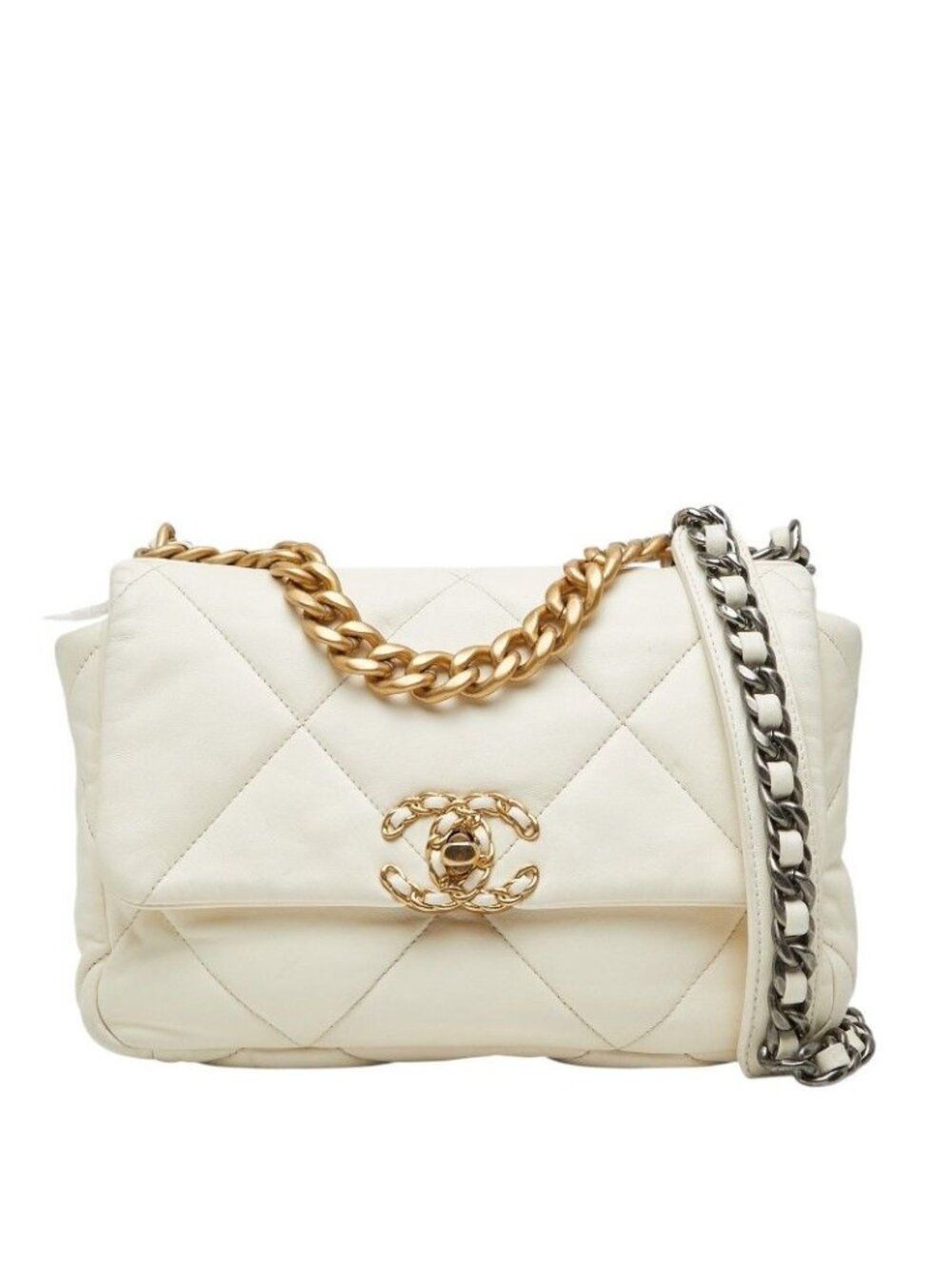 Chanel CC Logo 19 Chain Shoulder Bag White Lambskin